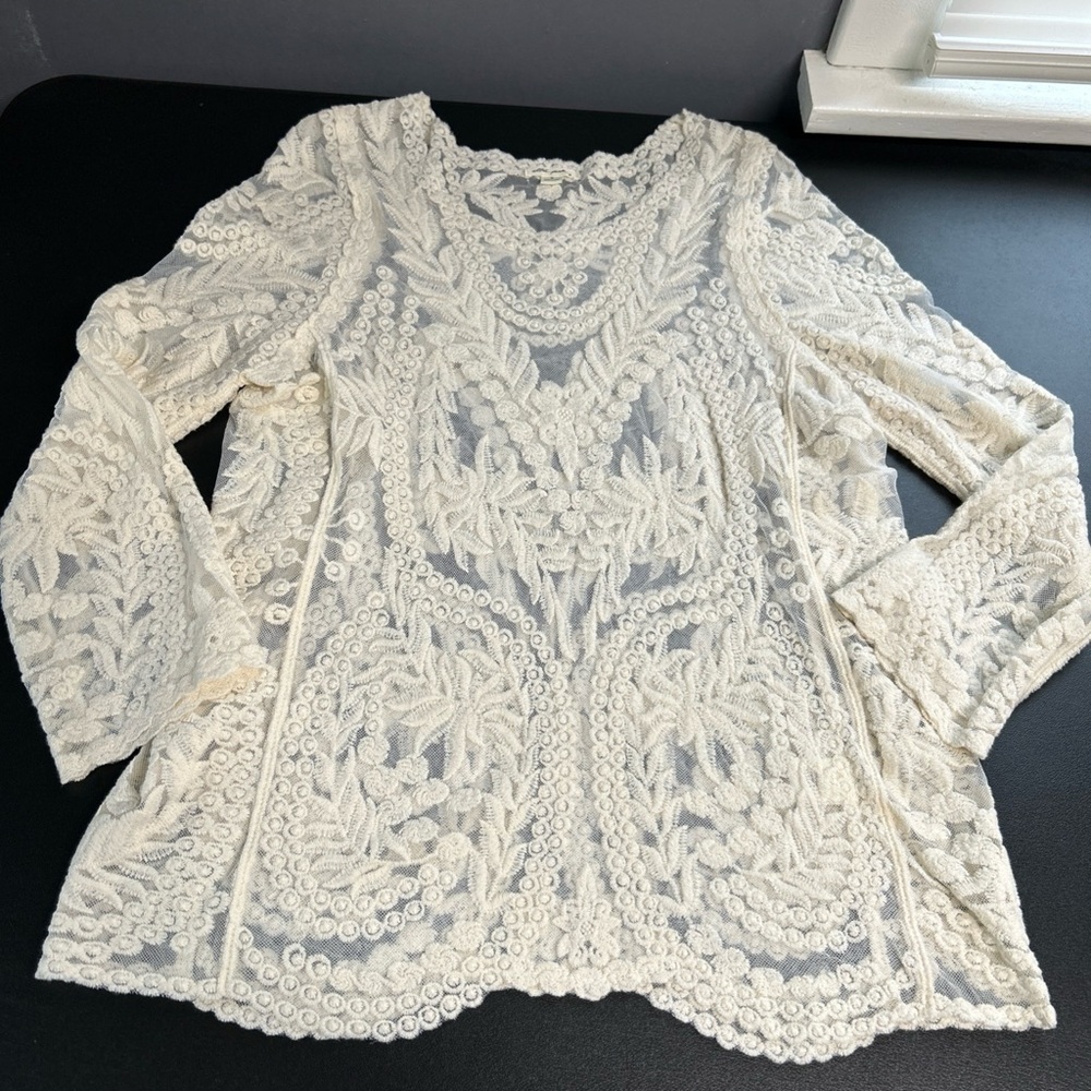 Ivory Sheer Lace‎ Mesh Top Women’s Medium Floral Romantic Wedding Elegant